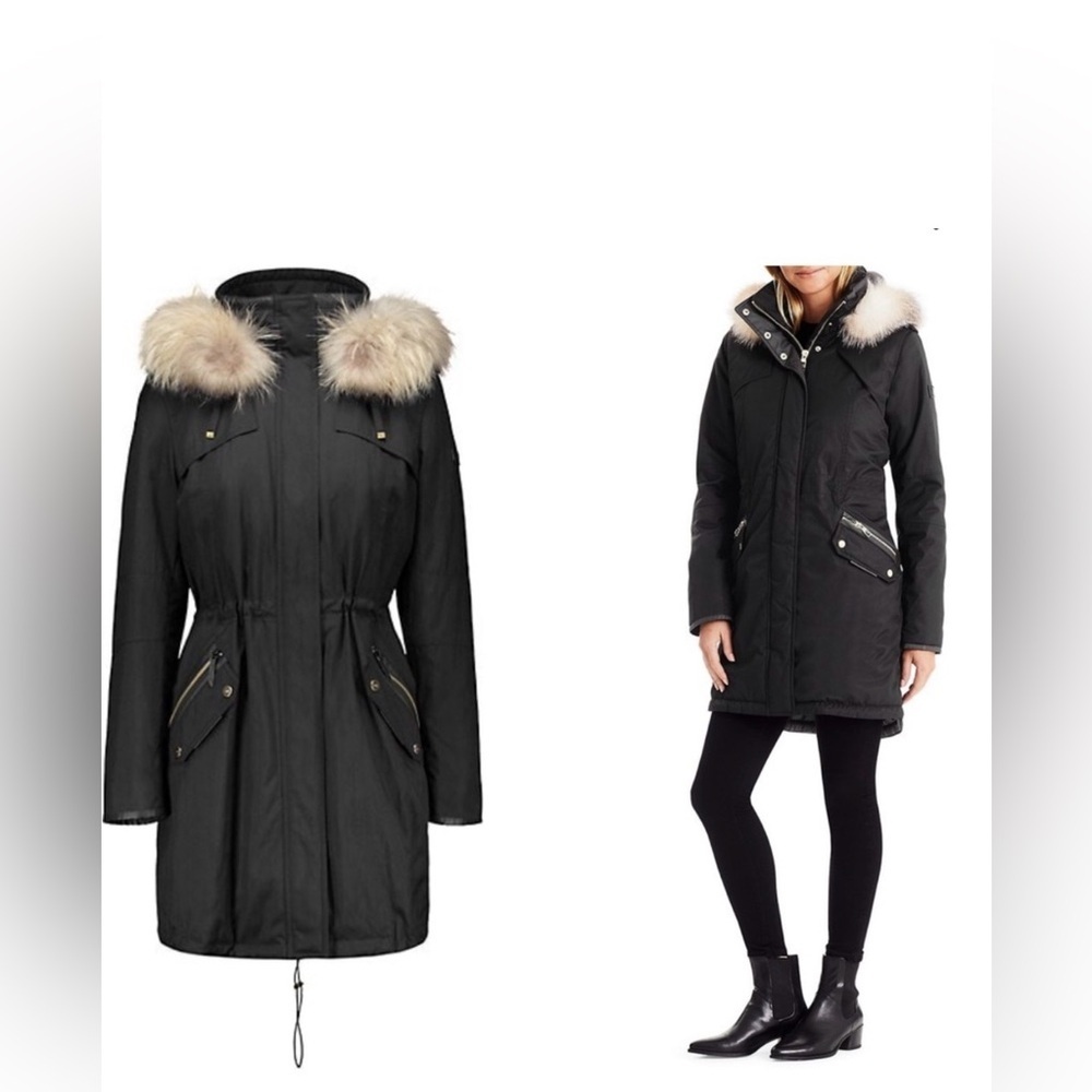 TUMI BLACK PUFFER COAT WITH TAN FUR TRIM. - Picture 11 of 16